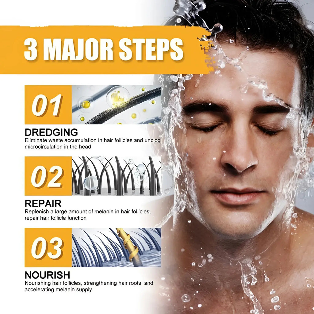 A man with dark hair and a wet face with water splashing, demonstrating men’s grey coverage bar shampoo for dark hair