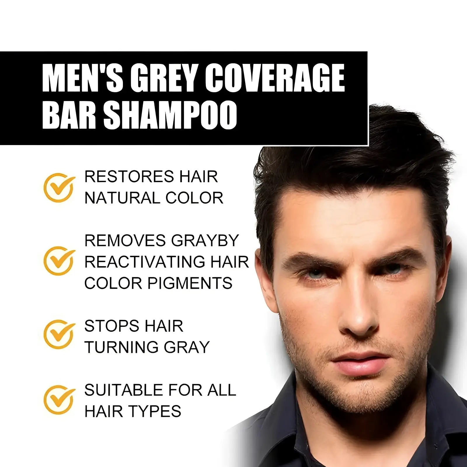 Men’s grey coverage bar shampoo for dark hair 50g with sleek solid design restores natural color and removes gray