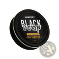 Homtopy men’s grey coverage black soap bar shampoo for dark hair in sleek black tin with white and gold lettering 50g