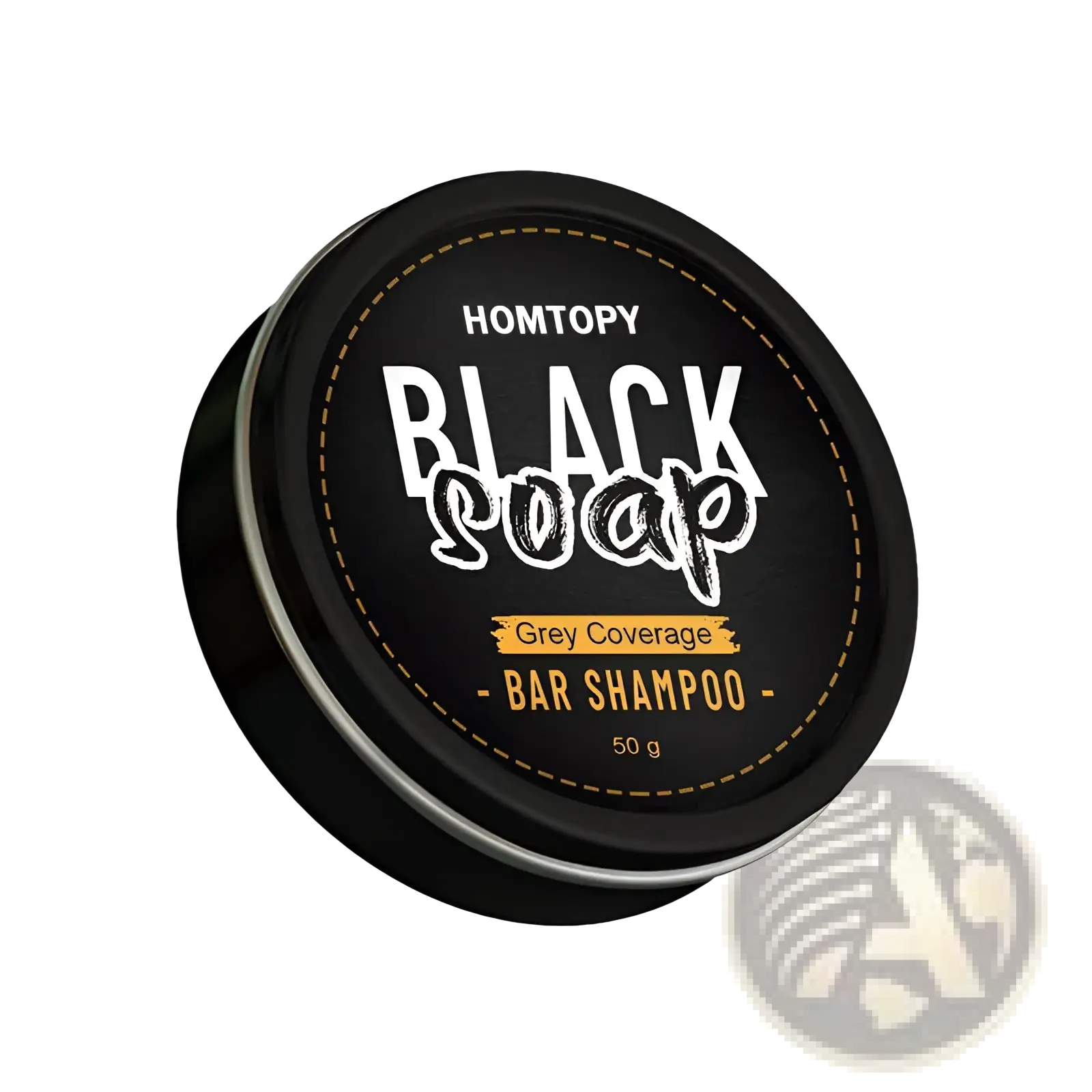 Homtopy men’s grey coverage black soap bar shampoo for dark hair in sleek black tin with white and gold lettering 50g