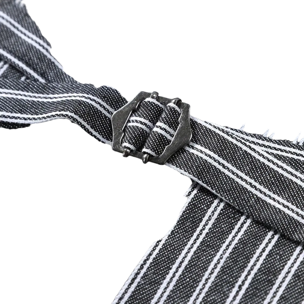 Men’s grey striped double-breasted business vest paired with a black and white vertically striped denim apron with metallic buckle