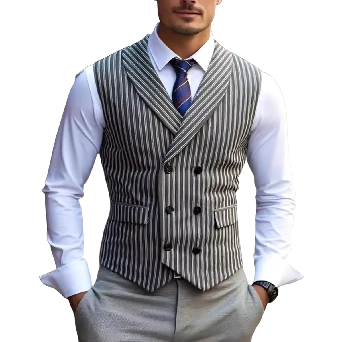 Men’s grey striped double-breasted business vest featuring black pinstripes and two front pockets
