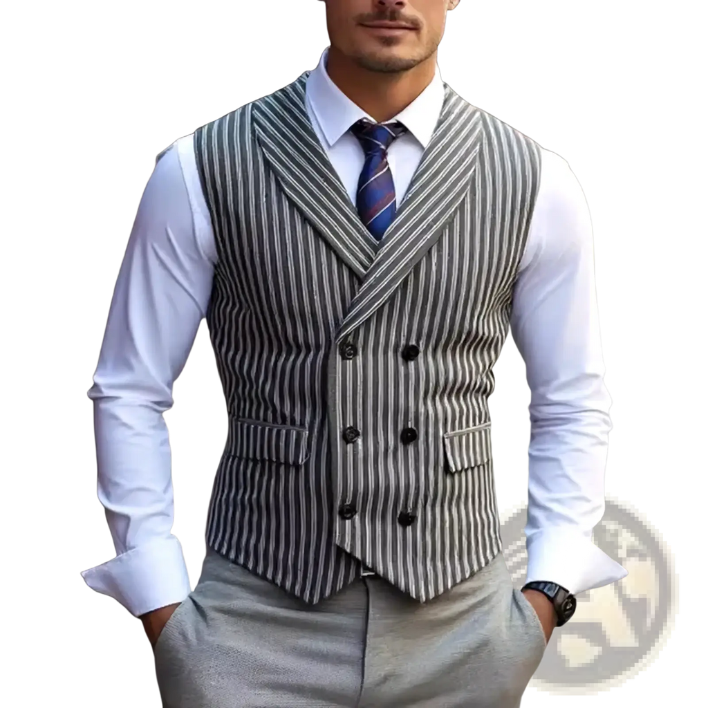 Men’s grey striped double-breasted business vest featuring black pinstripes and two front pockets