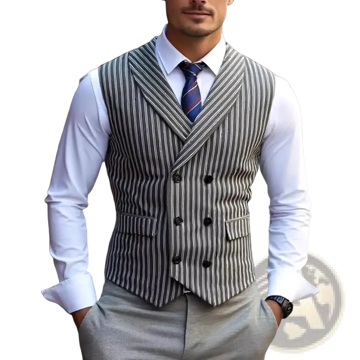 Men’s grey striped double-breasted business vest featuring black pinstripes and two front pockets