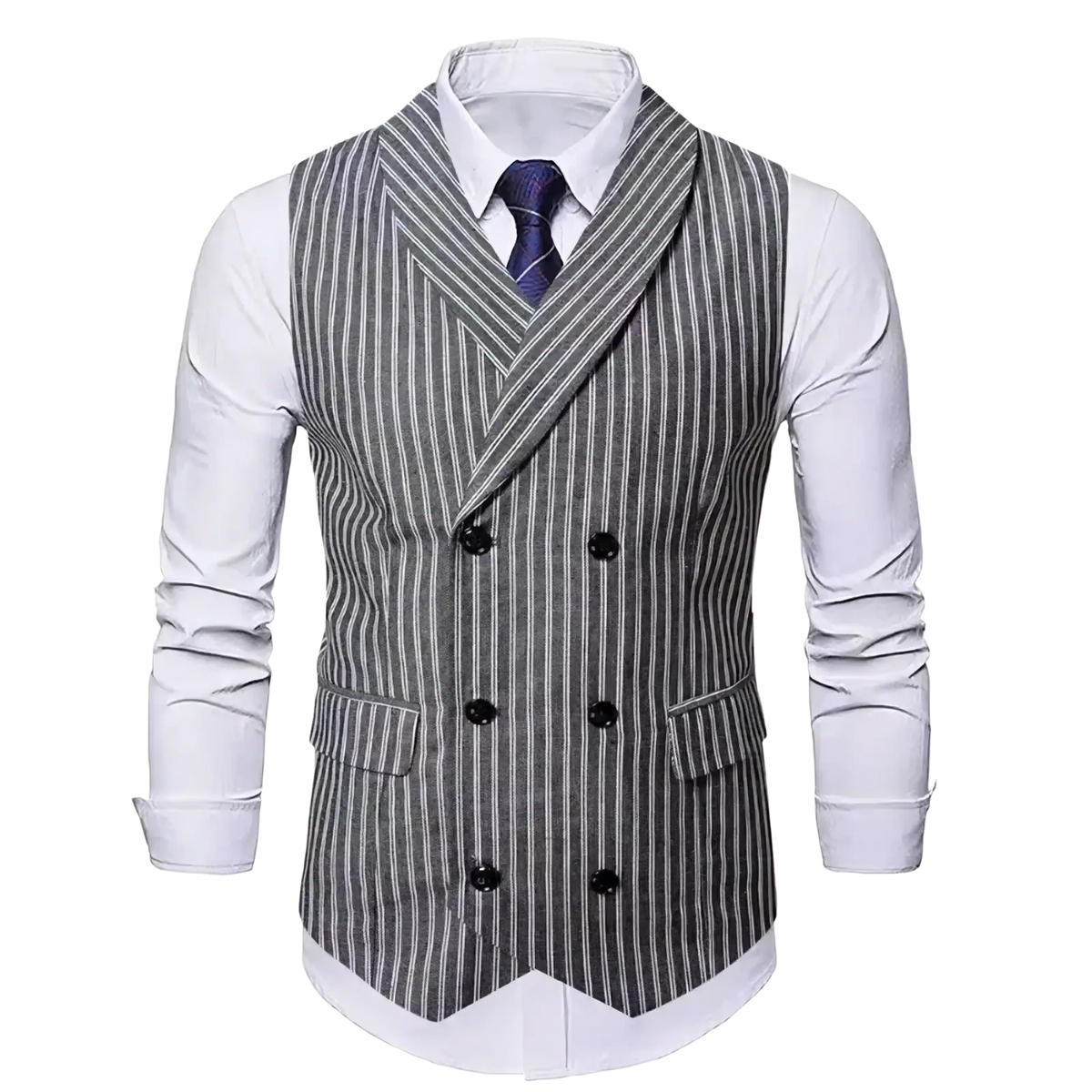 Men’s grey striped double-breasted business vest featuring black buttons and gray and white pinstripe fabric
