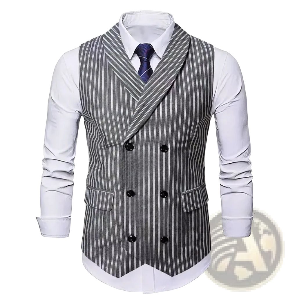 Men’s grey striped double-breasted business vest featuring black buttons and gray and white pinstripe fabric