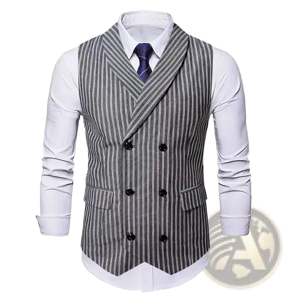 Men’s grey striped double-breasted business vest featuring black buttons and gray and white pinstripe fabric