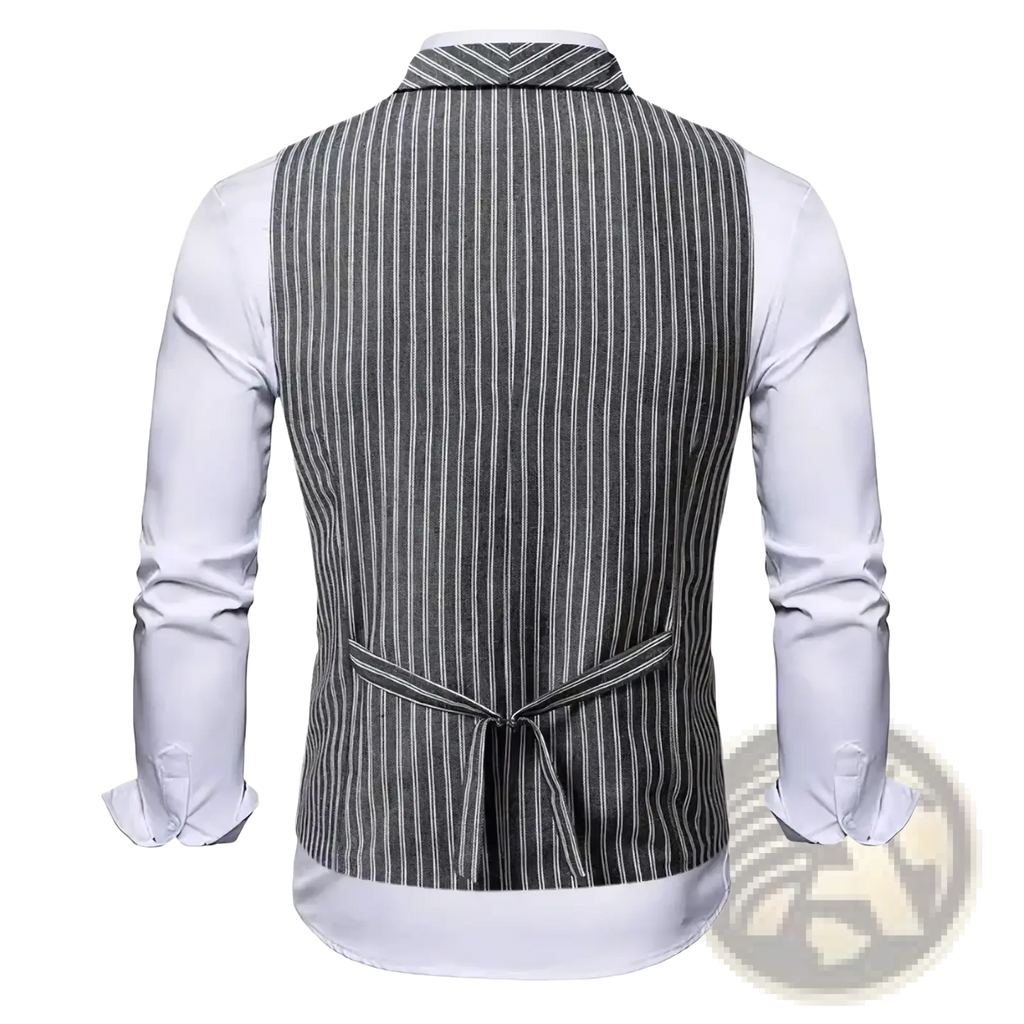 A men’s grey striped double-breasted business vest with tie belt worn over a white dress shirt