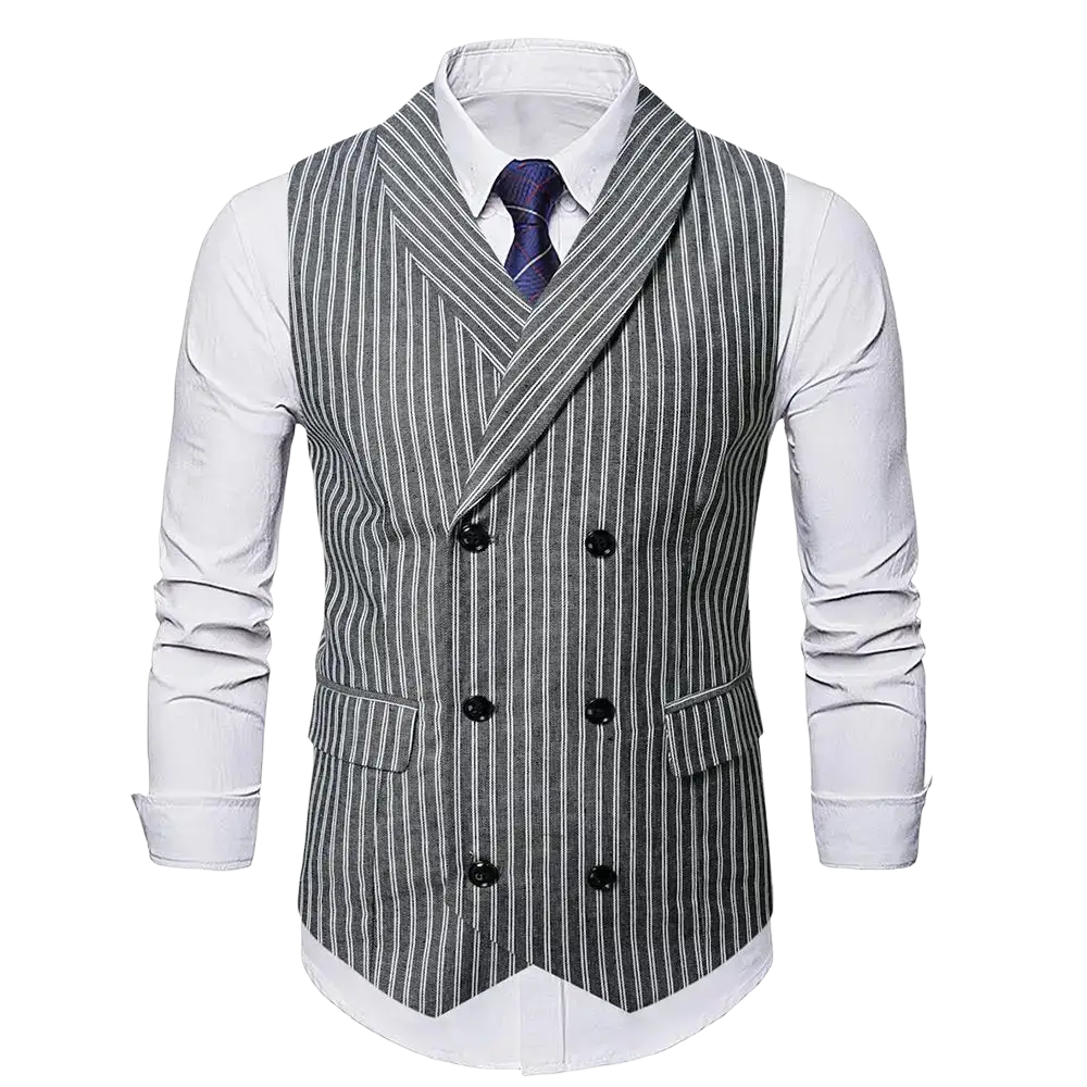Men’s grey striped double-breasted business vest with black buttons featuring a stylish vertical stripe design