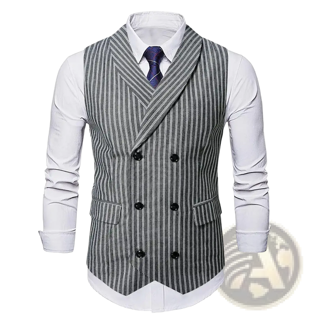 Men’s grey striped double-breasted business vest with black buttons featuring a stylish vertical stripe design