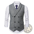 Men’s grey striped double-breasted business vest with black buttons featuring a stylish vertical stripe design