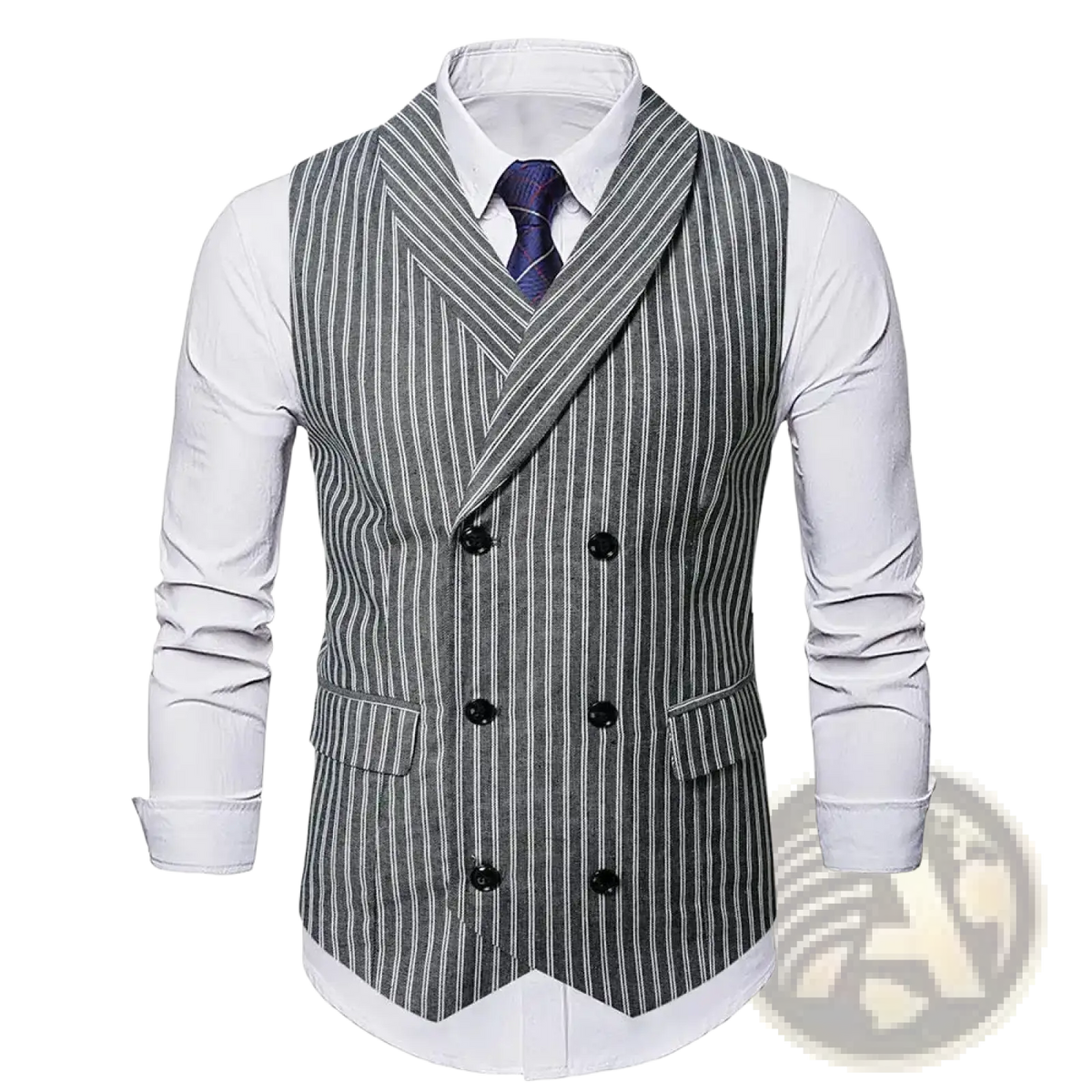 Men’s grey striped double-breasted business vest with black buttons featuring a stylish vertical stripe design