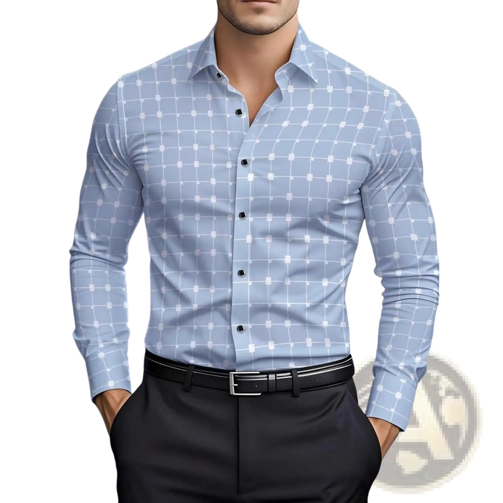 Mens slim fit grid long sleeve dress shirt in light blue with subtle white pattern and black buttons