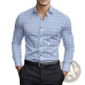 Mens slim fit grid long sleeve dress shirt in light blue with subtle white pattern and black buttons