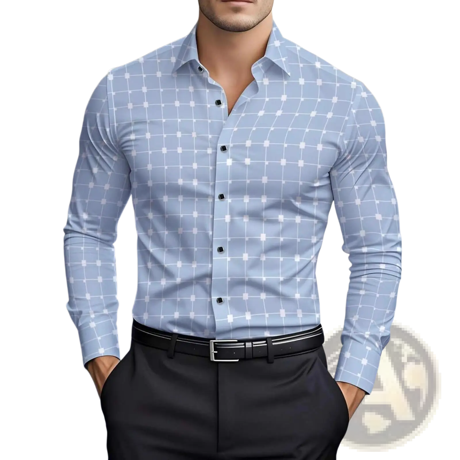 Mens slim fit grid long sleeve dress shirt in light blue with subtle white pattern and black buttons