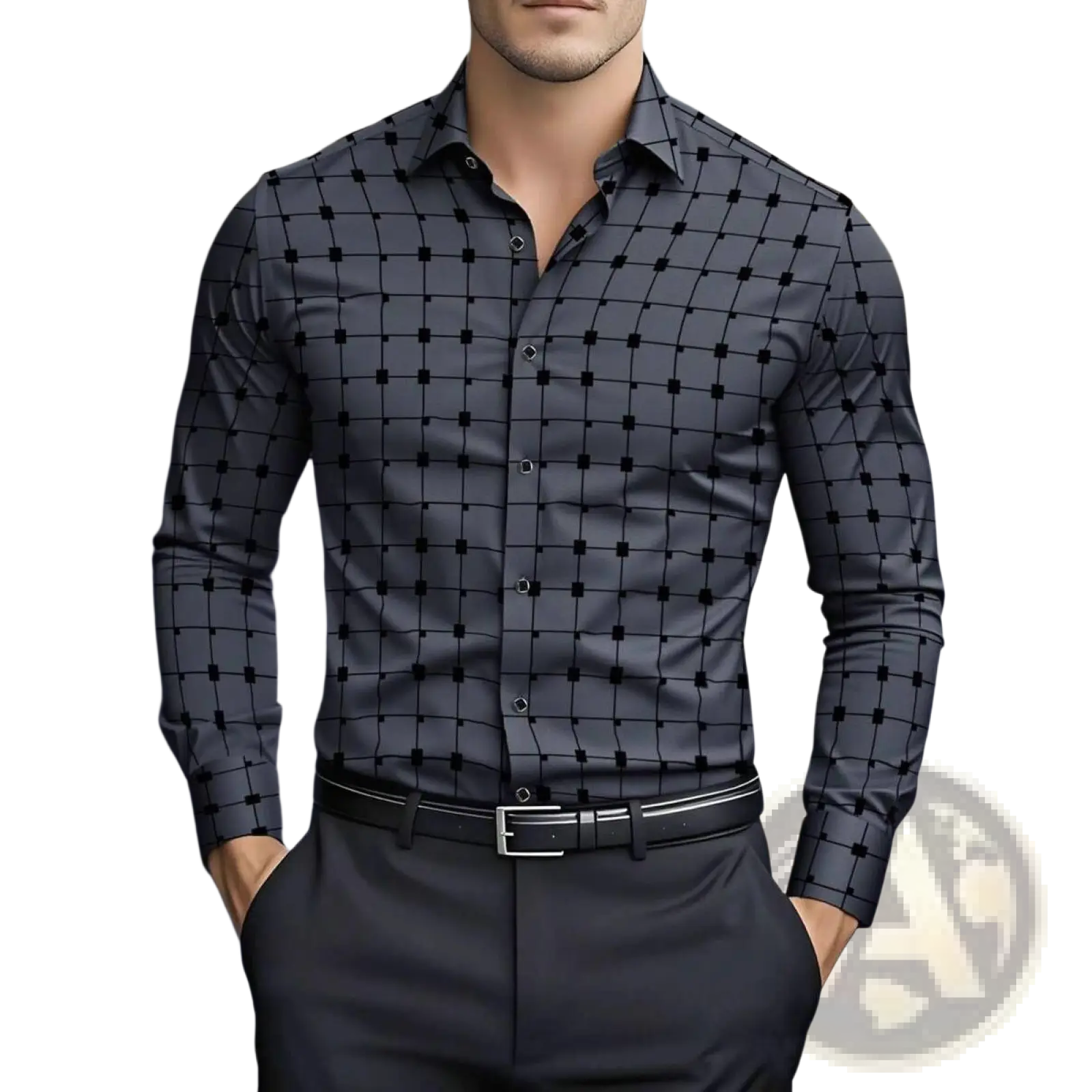 Mens grid long sleeve dress shirt slim fit in dark gray with subtle black grid pattern and classic collar