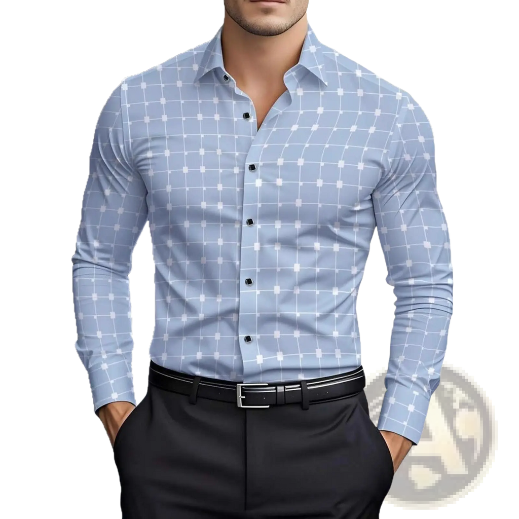 Light blue slim fit mens long sleeve dress shirt with subtle white grid pattern and black buttons