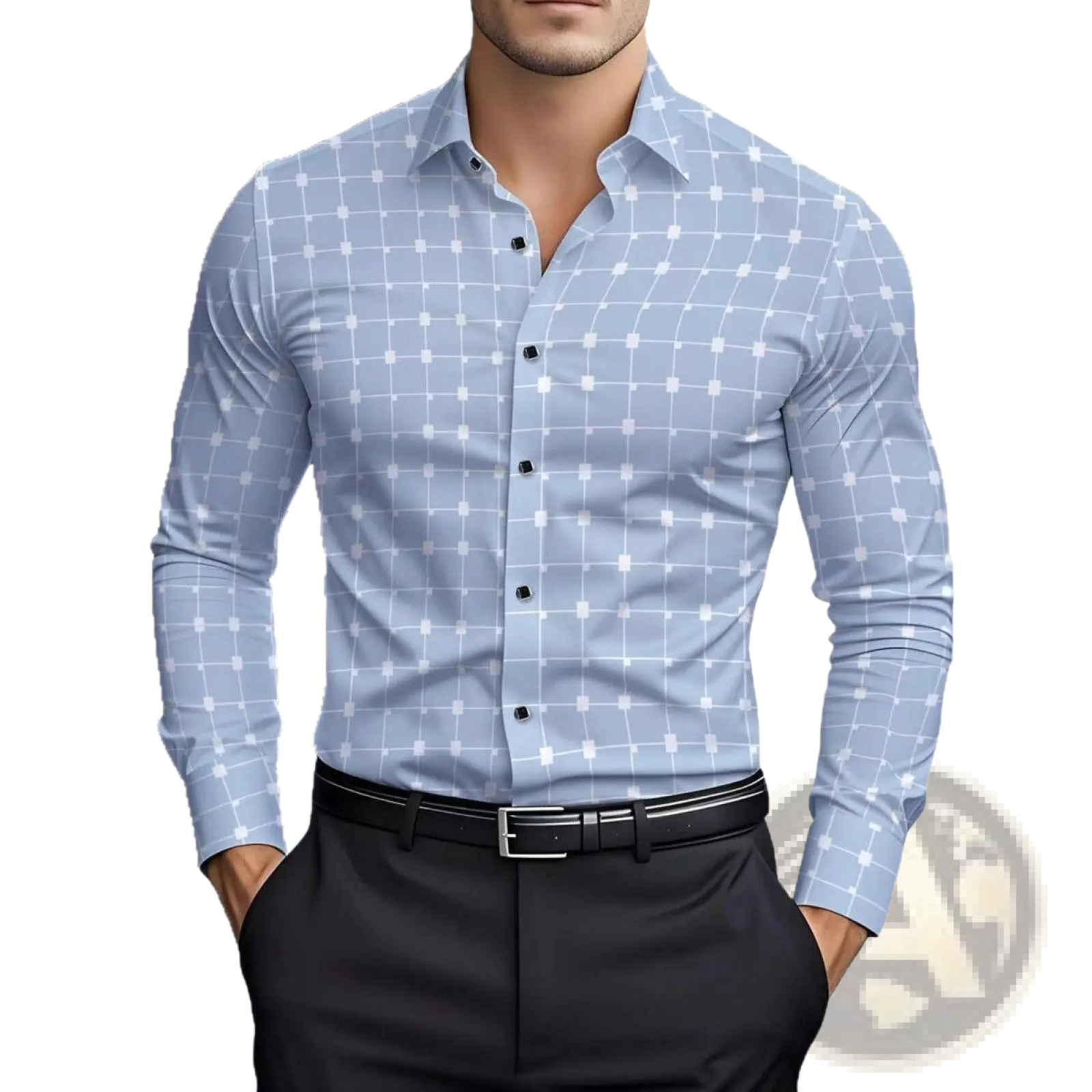 Light blue slim fit mens long sleeve dress shirt with subtle white grid pattern and black buttons