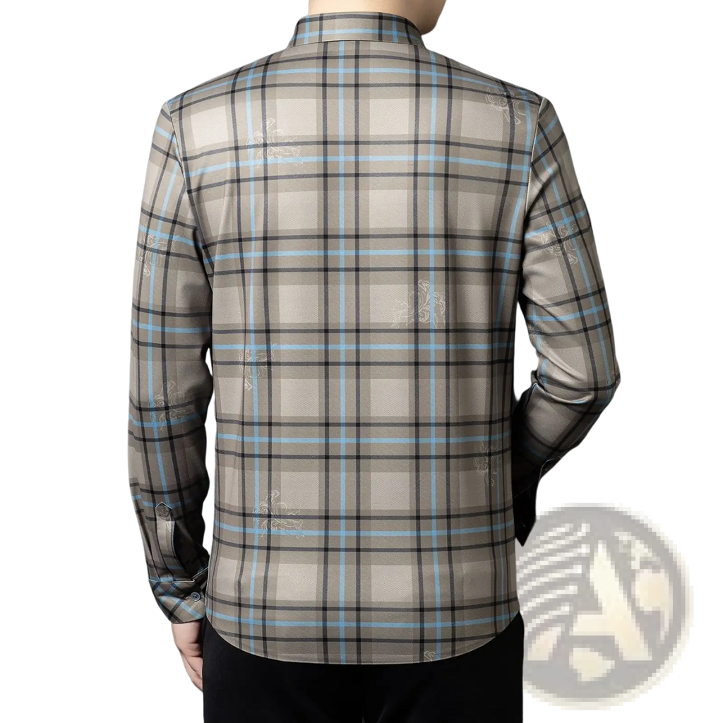 A man wearing a slim fit mens grid long sleeve dress shirt in beige black and light blue plaid pattern
