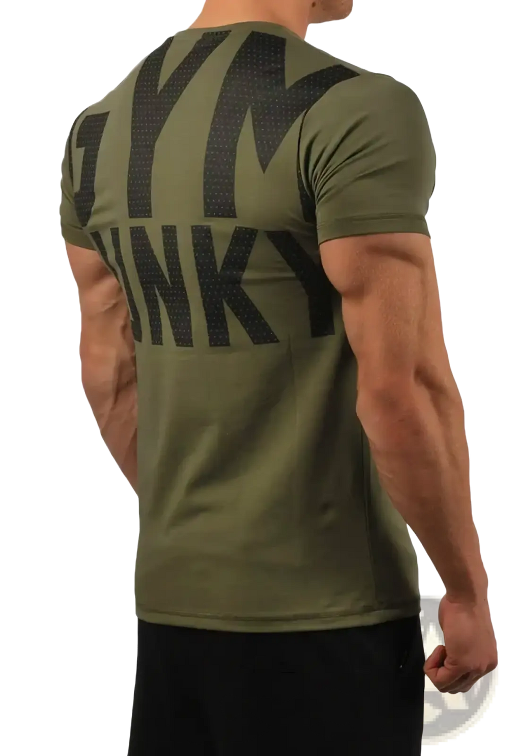 Mens gym junky muscle tee slim fit cotton in olive green showing bold black gym pinky lettering on back side