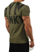 Mens gym junky muscle tee slim fit cotton in olive green showing bold black gym pinky lettering on back side
