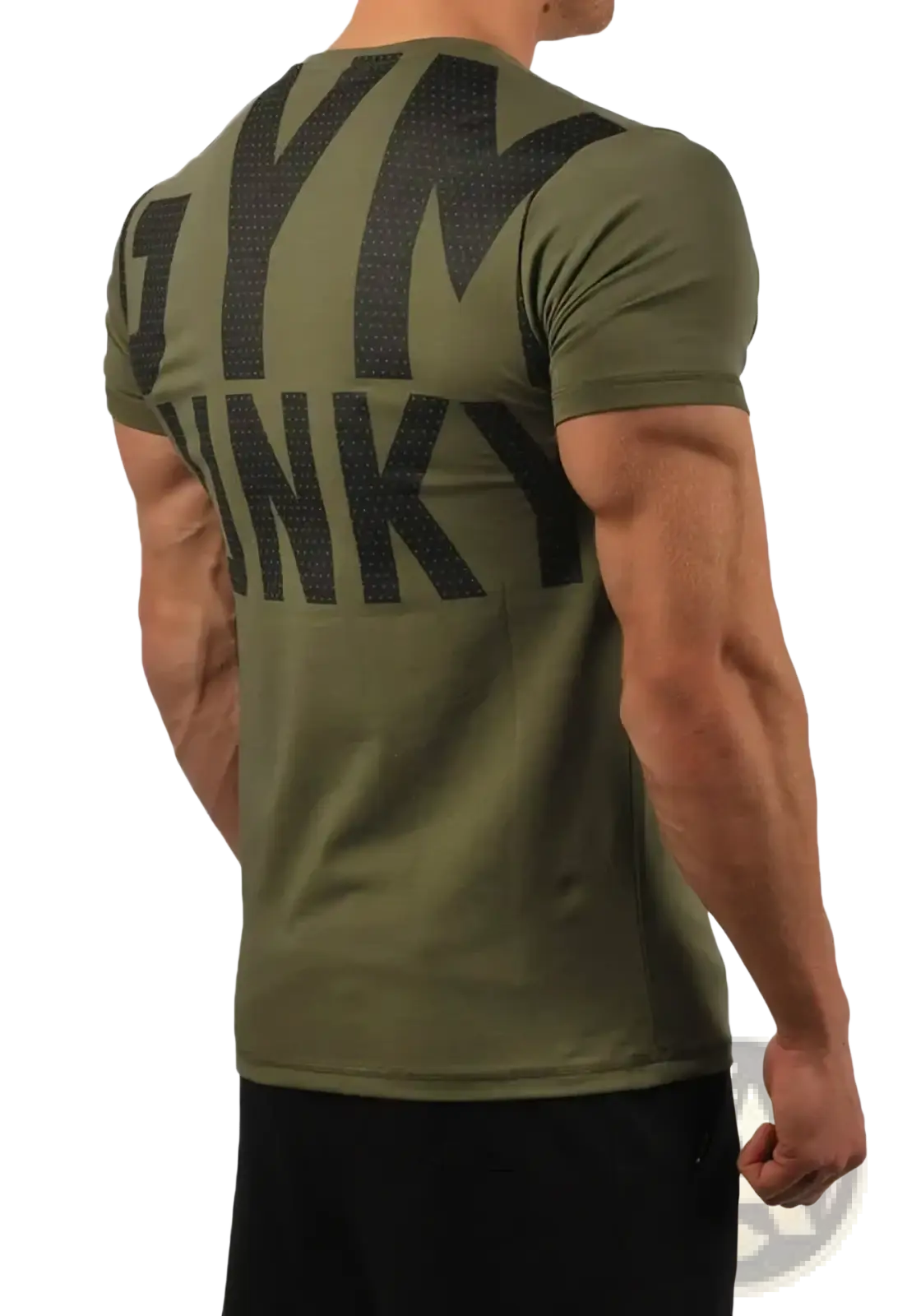 Mens gym junky muscle tee slim fit cotton in olive green showing bold black gym pinky lettering on back side