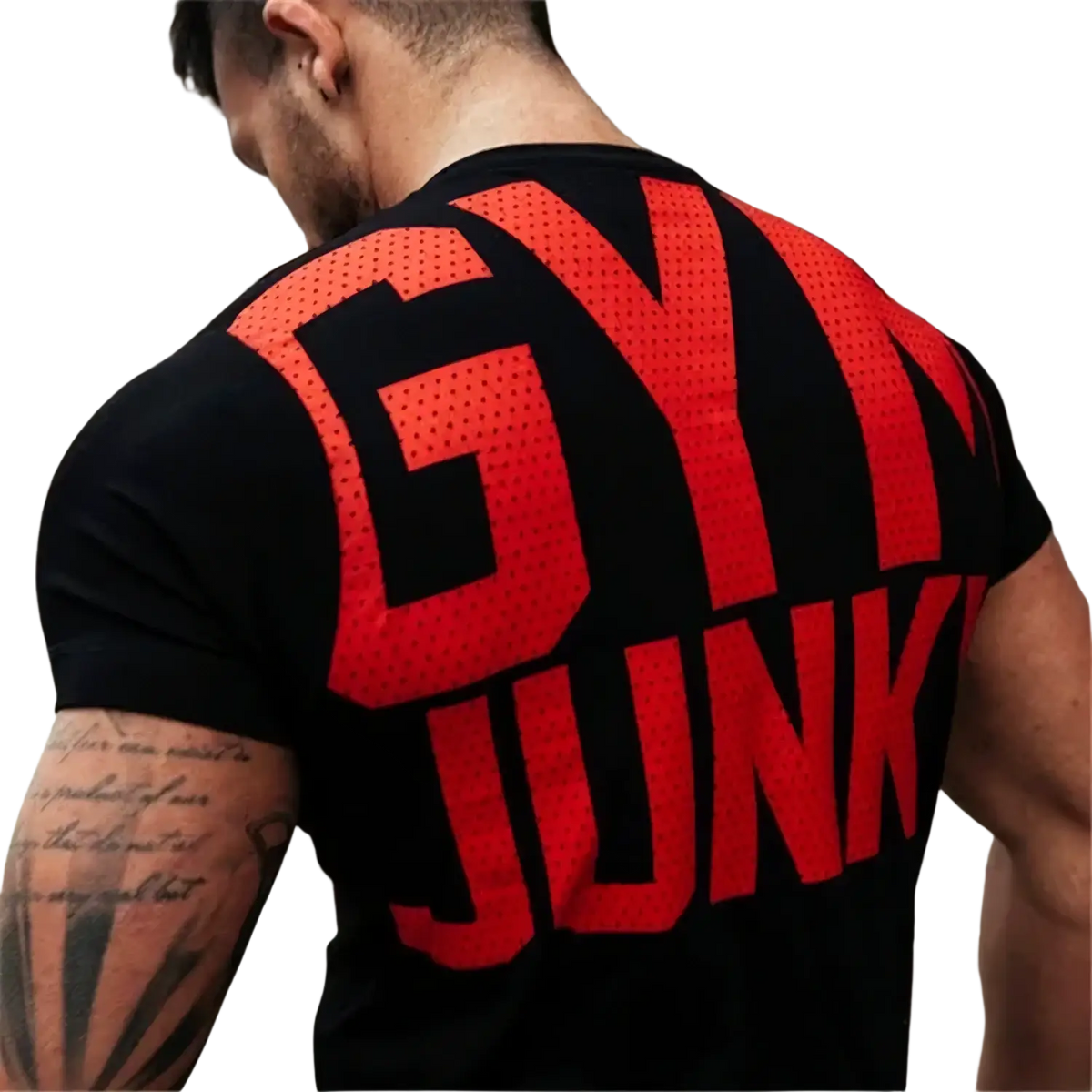 Mens gym junky muscle tee slim fit black cotton t shirt showing bold red gym junk lettering on the back side