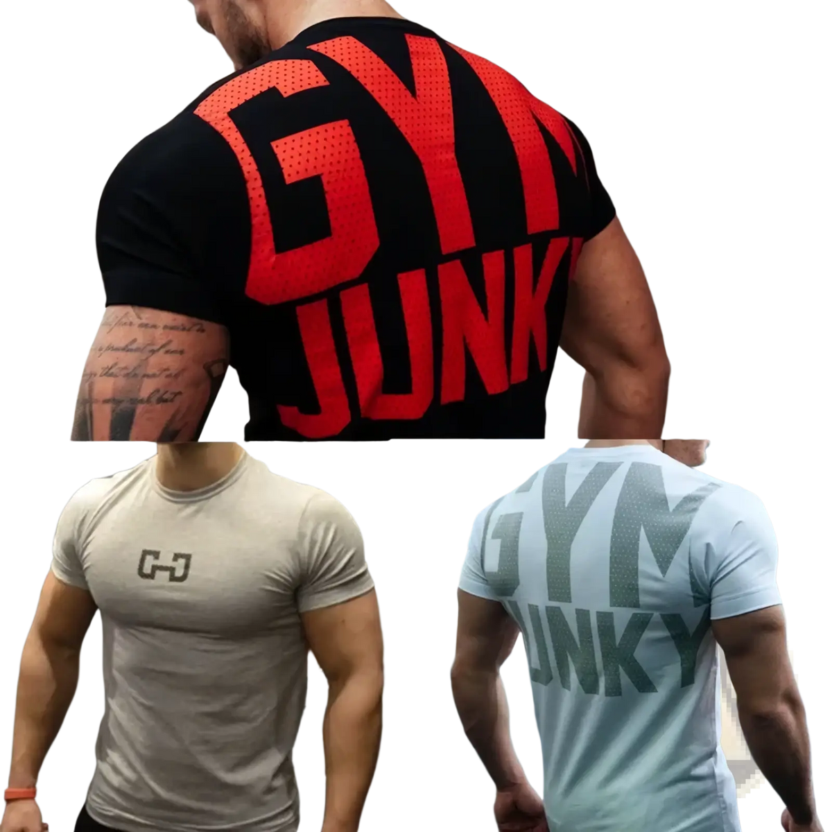 Back side of a mens gym junky muscle tee slim fit black cotton t shirt with bold red gym junky lettering