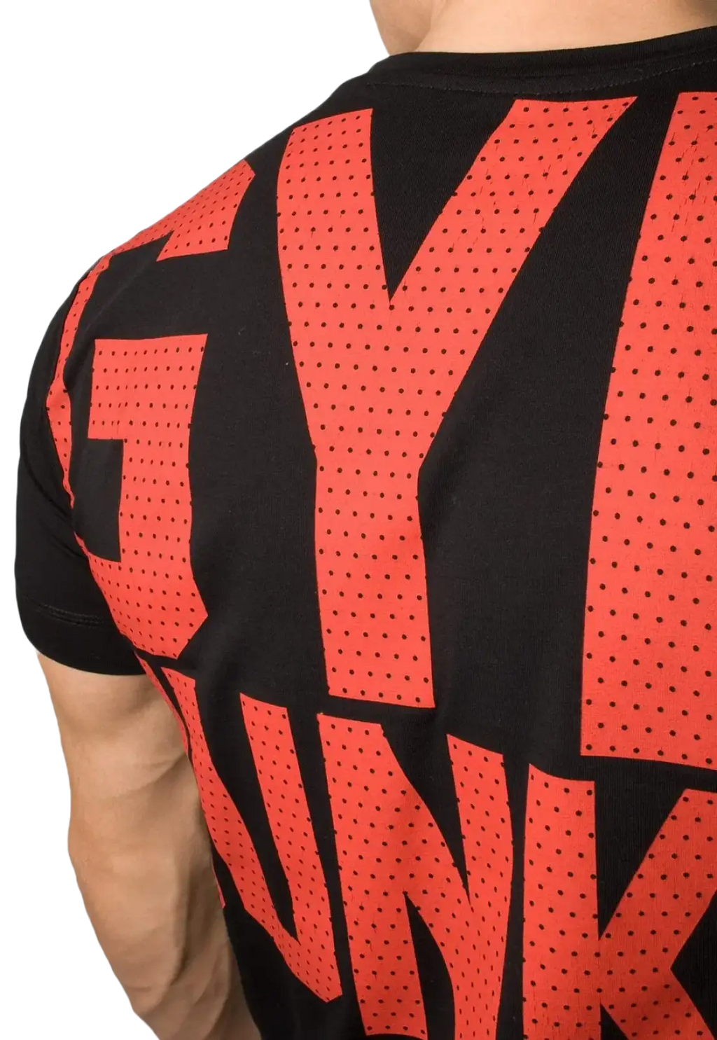 Mens gym junky muscle tee slim fit cotton black t-shirt with bold red gym punk lettering and perforated mesh texture