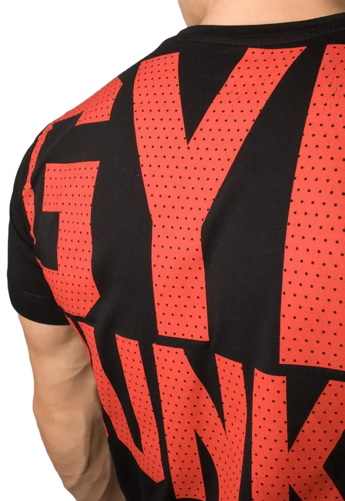 Mens gym junky muscle tee slim fit cotton black t-shirt with bold red gym punk lettering and perforated mesh texture