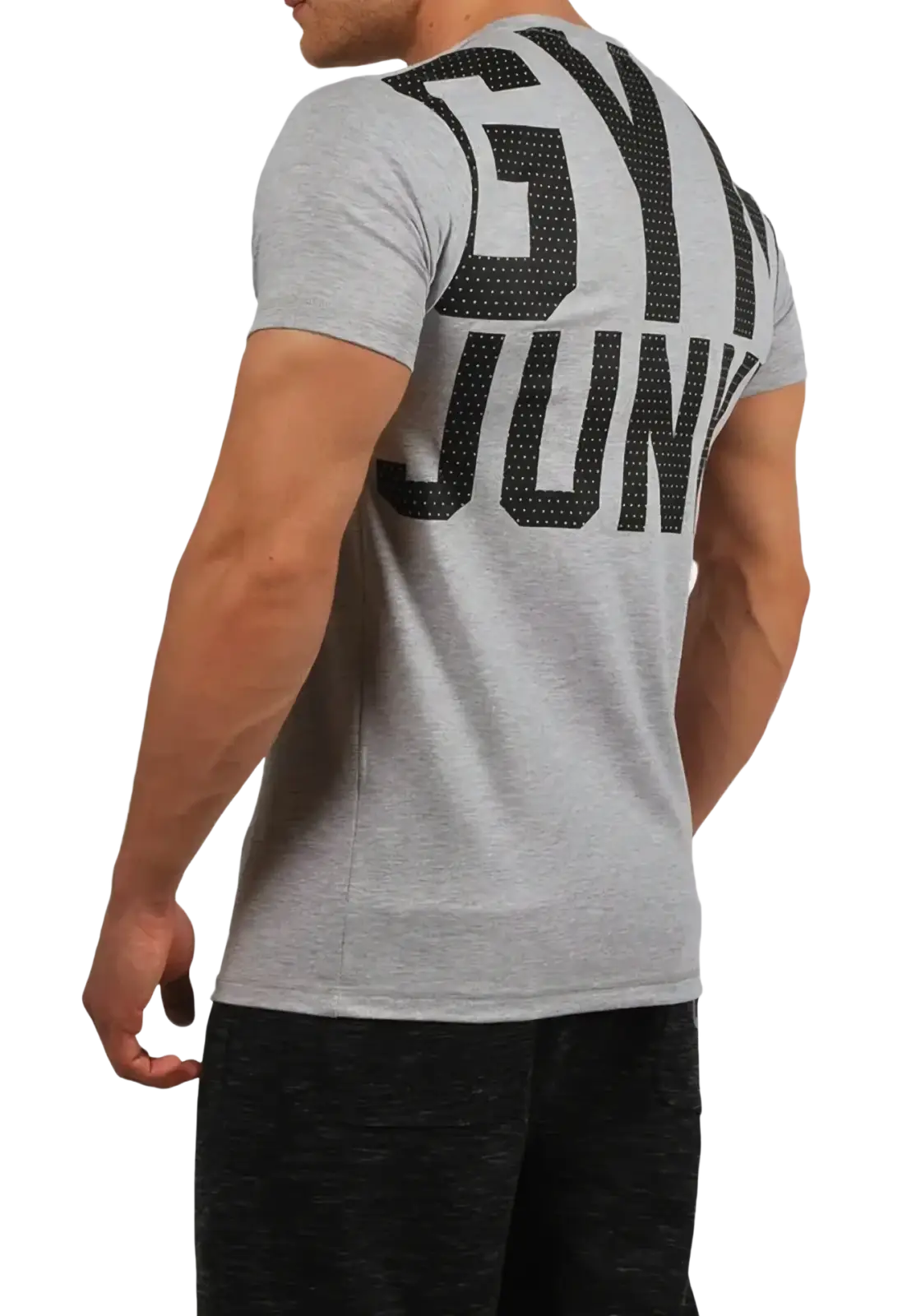 Back side of mens gym junky muscle tee in gray heathered slim fit cotton with bold black gym junkie lettering