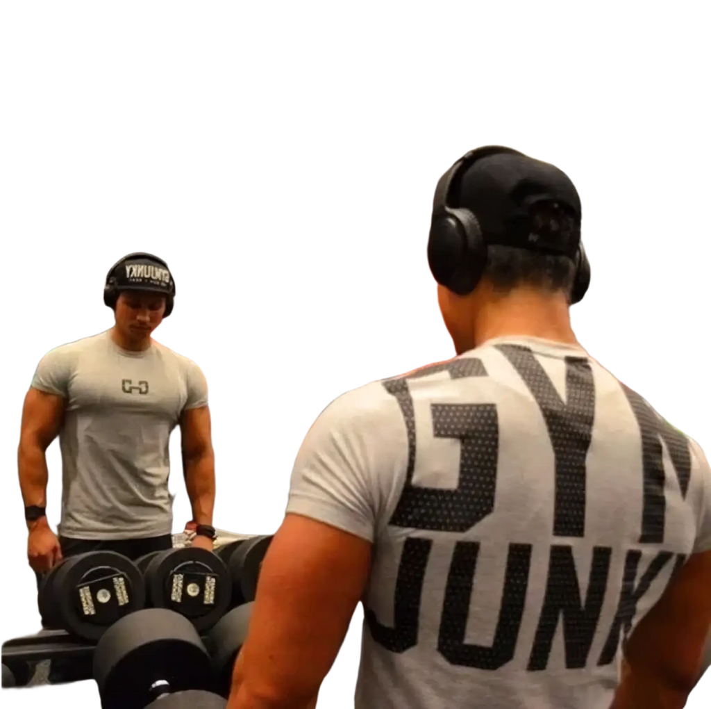 Gray mens gym junky muscle tee slim fit cotton t-shirt with black gym junk lettering and dotted texture