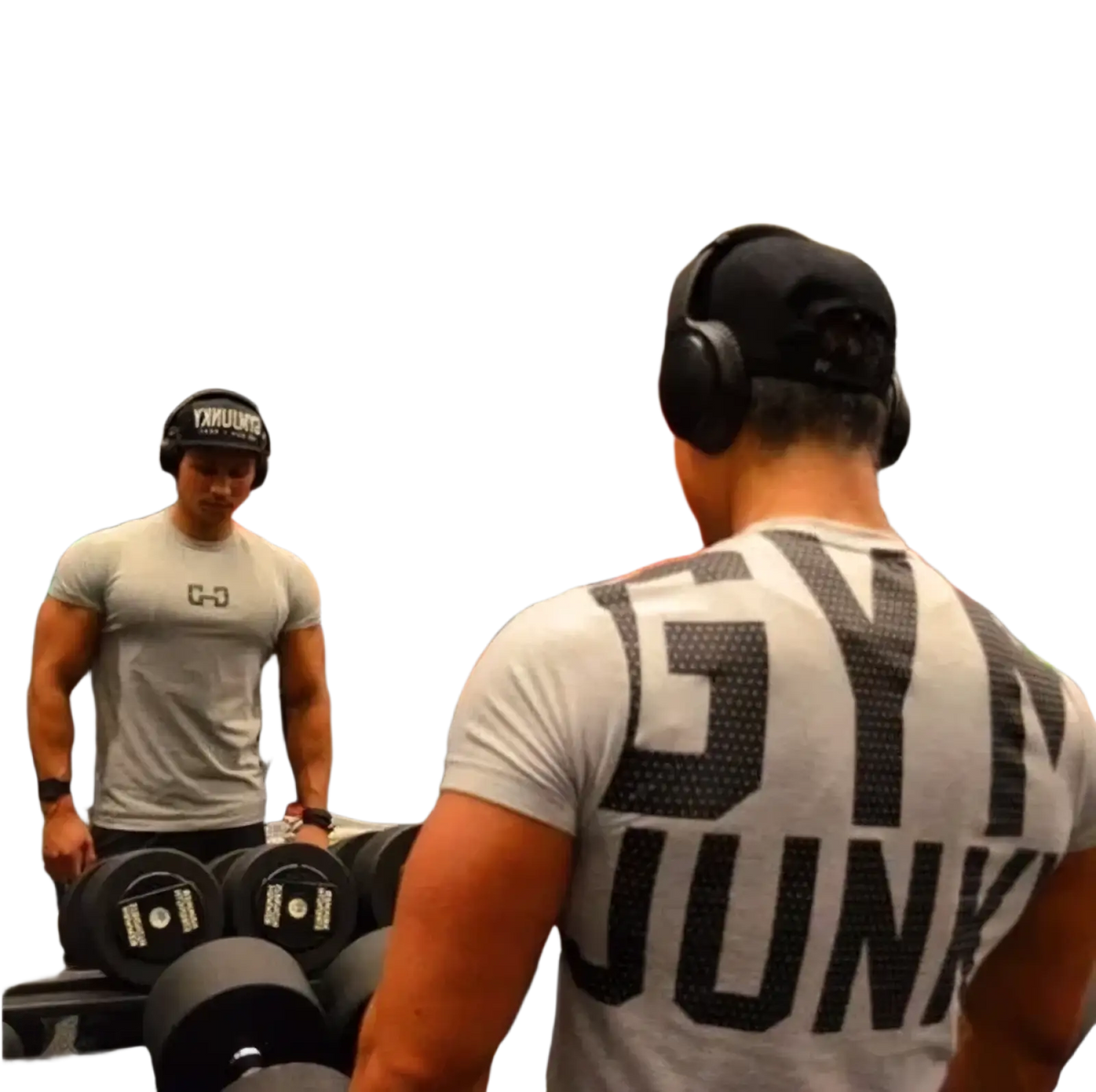 Gray mens gym junky muscle tee slim fit cotton t-shirt with black gym junk lettering and dotted texture