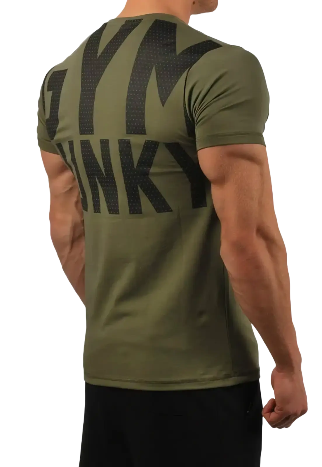 Mens gym junky muscle tee slim fit cotton in olive green showing bold black gym pinky lettering on back side