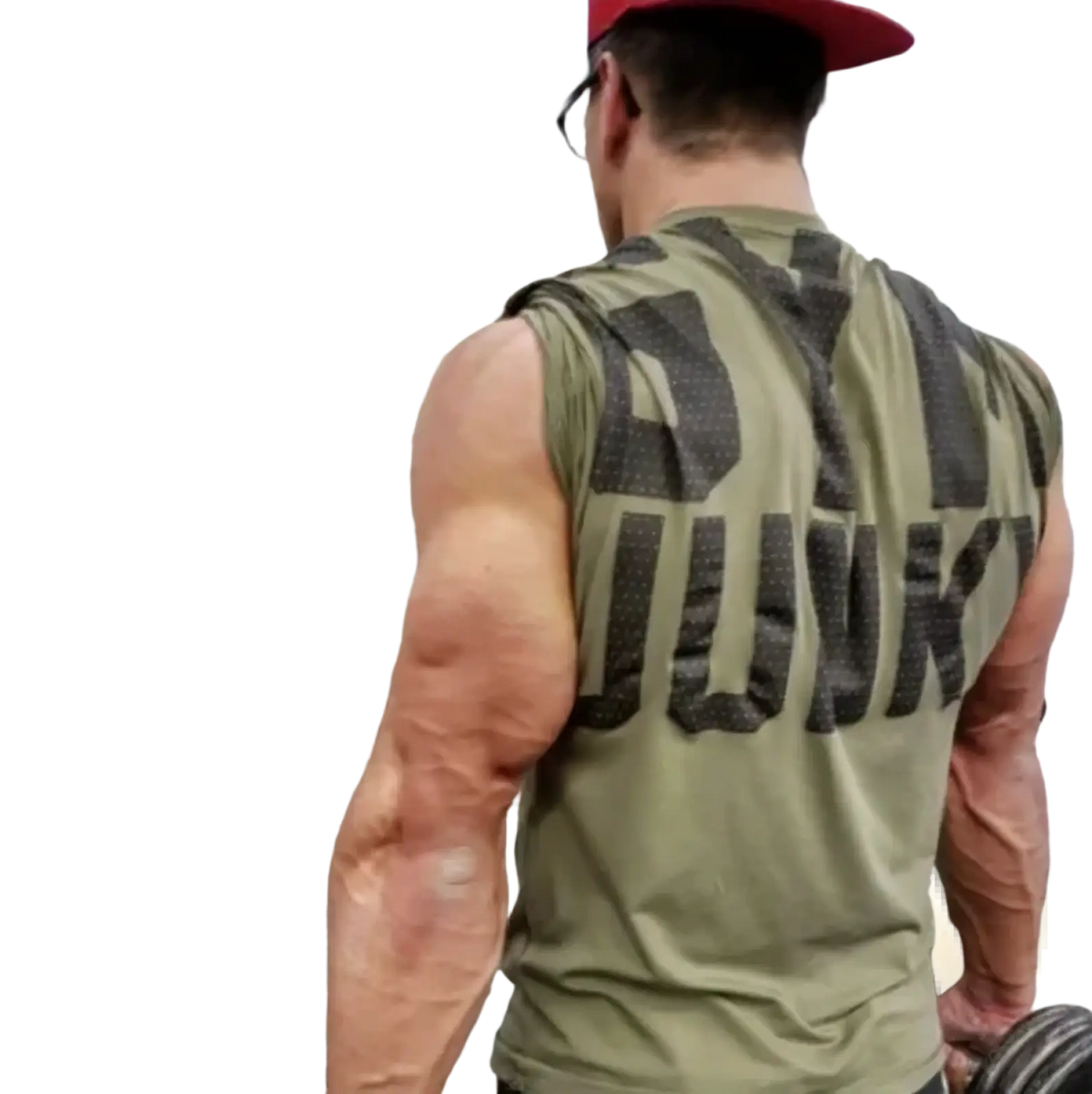 Back side of olive green mens gym junky muscle tee sleeveless slim fit cotton tank top with black body junky lettering