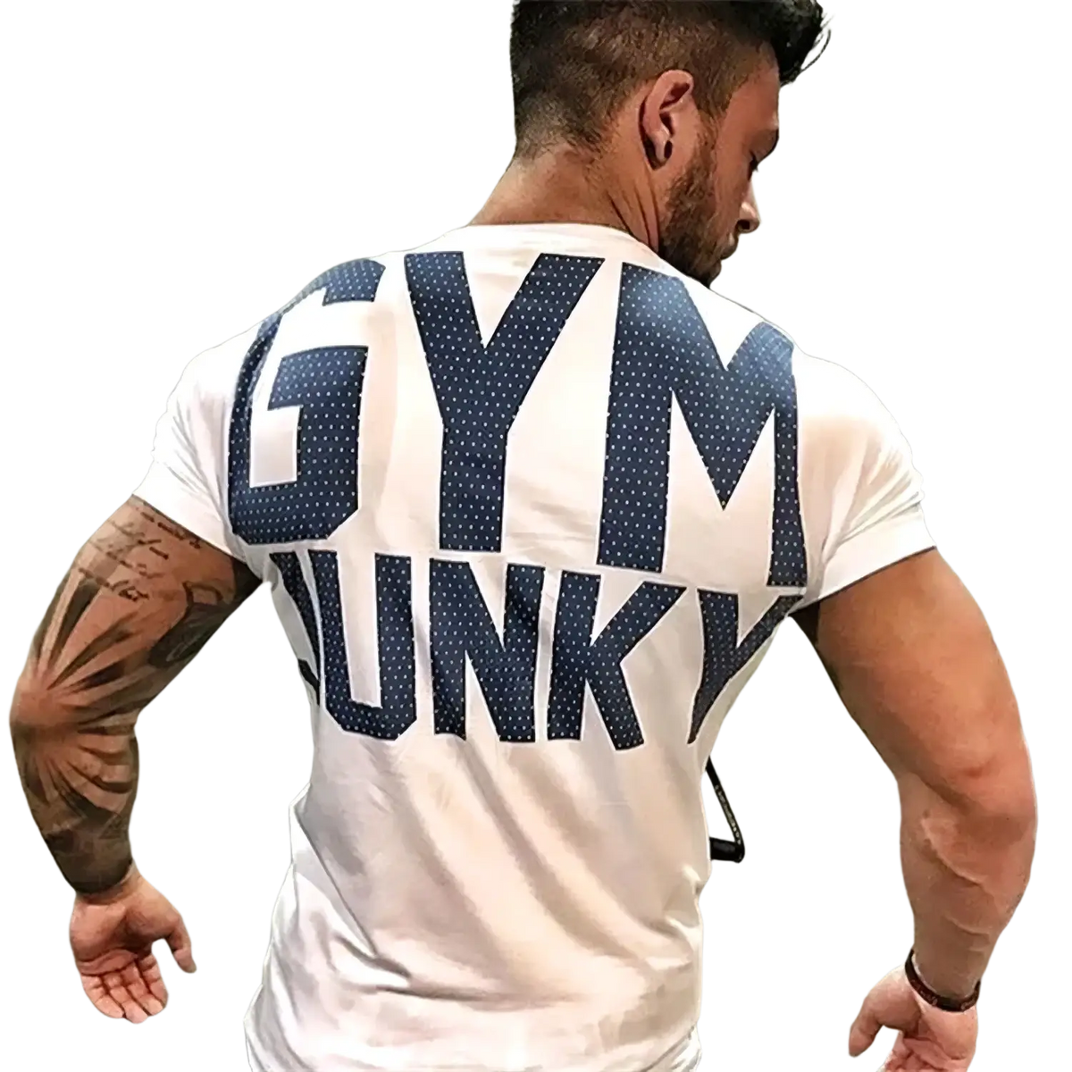 Mens gym junky muscle tee slim fit white cotton t-shirt with bold navy blue gym dunky lettering and subtle dot pattern