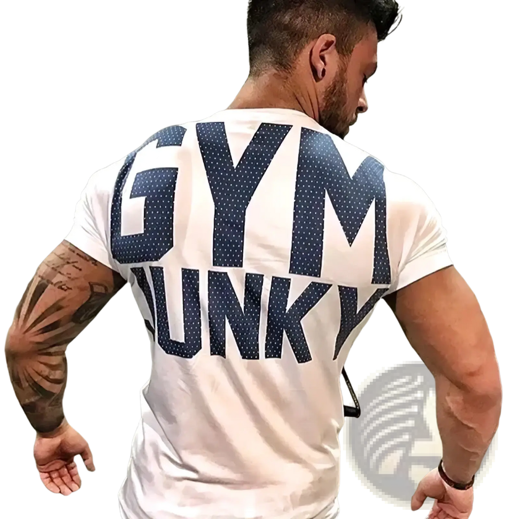 Back side of mens gym junky muscle tee slim fit cotton white t-shirt with navy blue polka-dotted gym dunky lettering