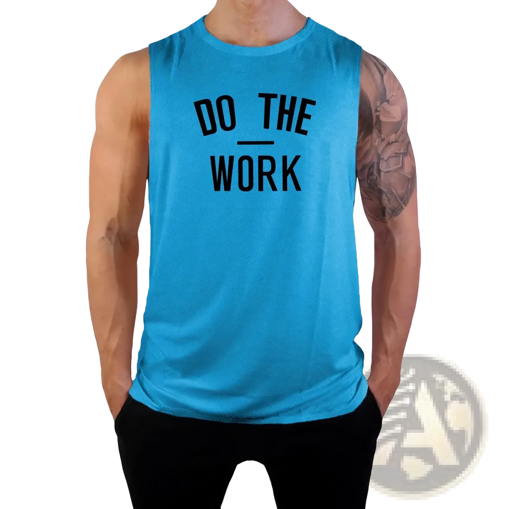 Men’s bright blue sleeveless quick dry gym tank top with bold black do the work text for fitness workouts