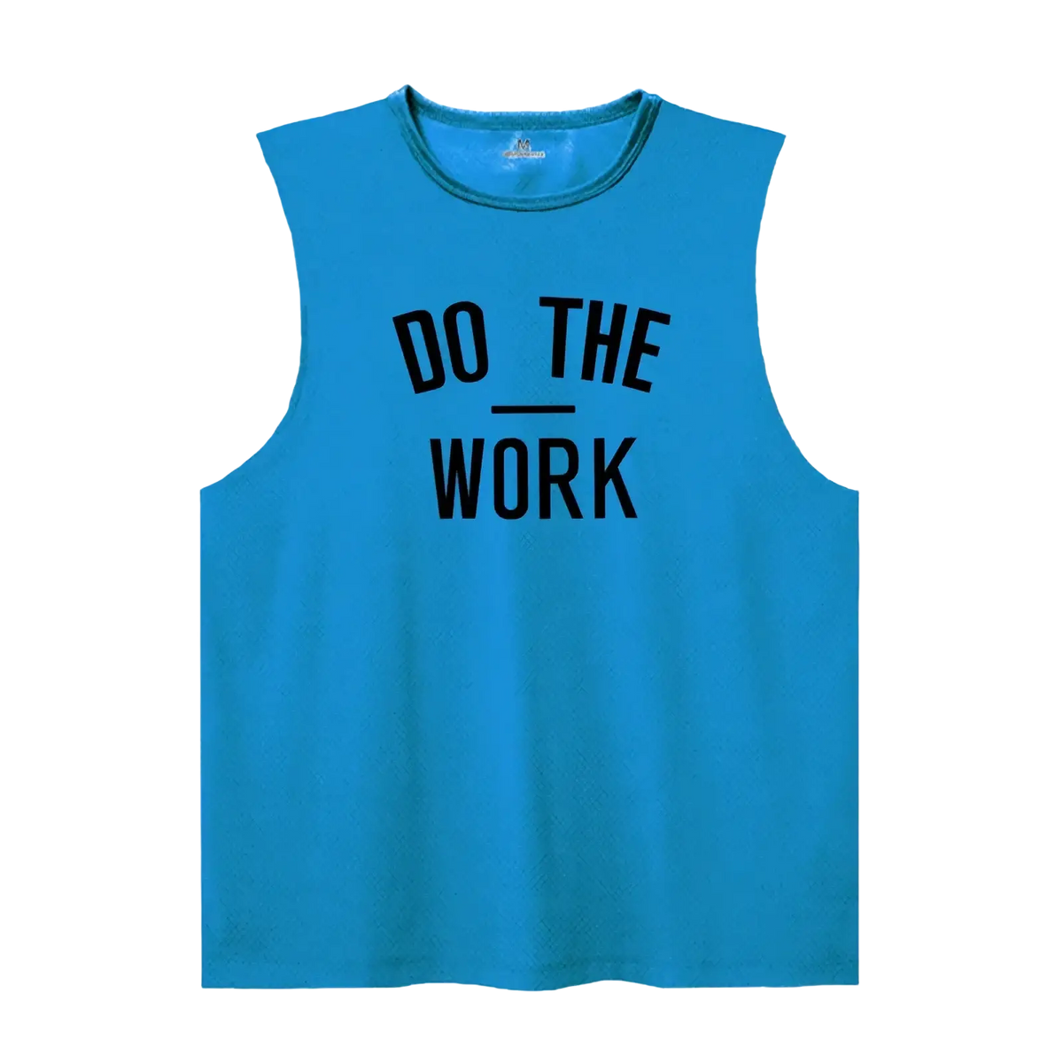 Men’s bright blue quick dry sleeveless tank top with bold black do the work text for gym fitness use