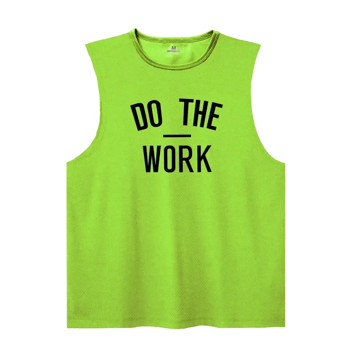 Men’s gym tank top bright neon green sleeveless quick dry fitness vest with bold black do the work text on chest