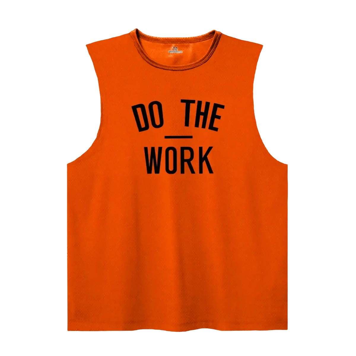 Men’s bright orange quick dry sleeveless gym tank top with bold black do the work text for fitness workouts