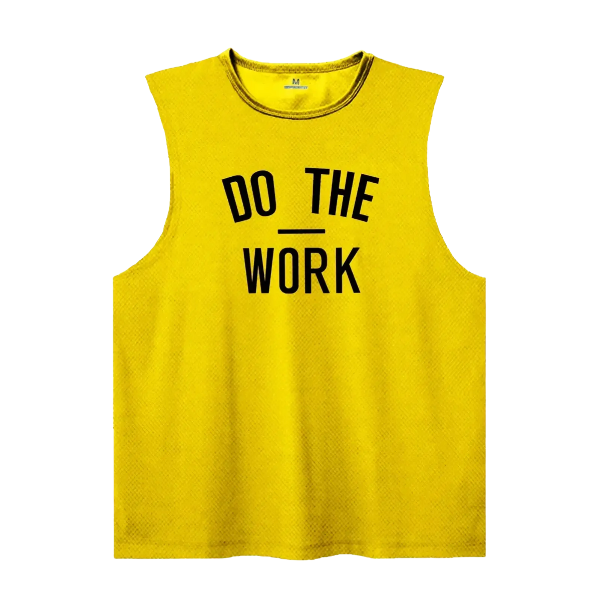 Men’s bright yellow sleeveless quick dry gym tank top with bold black do the work text for fitness workouts