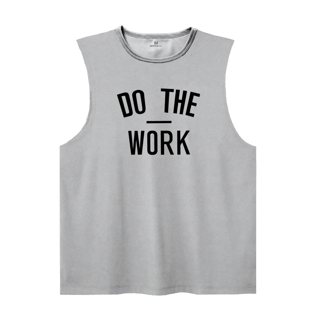 Men’s gray sleeveless gym tank top with black do the work text quick dry fitness vest for workout sessions