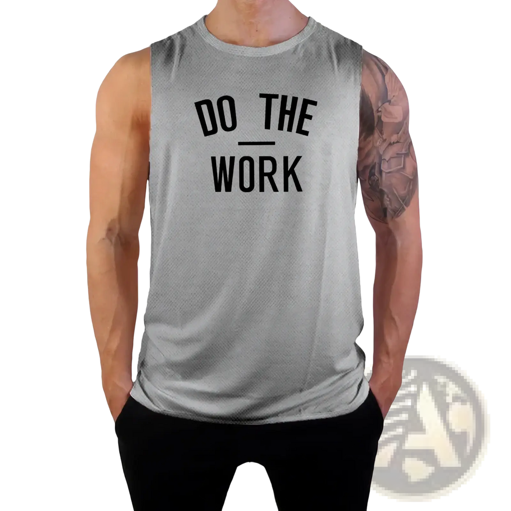 Men’s gray sleeveless gym tank top with black do the work text quick dry fabric fitness vest