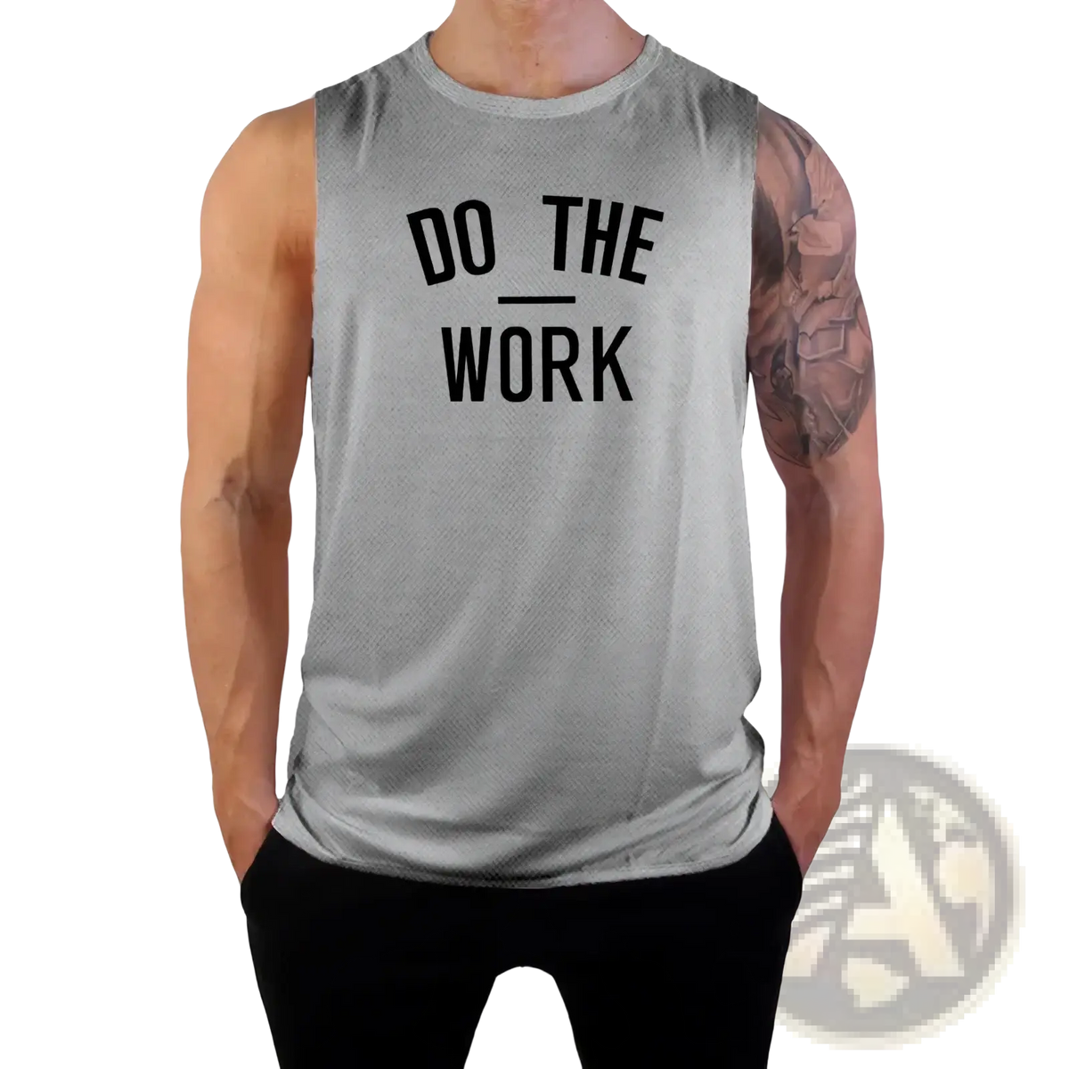 Men’s gray sleeveless gym tank top with black do the work text quick dry fabric fitness vest