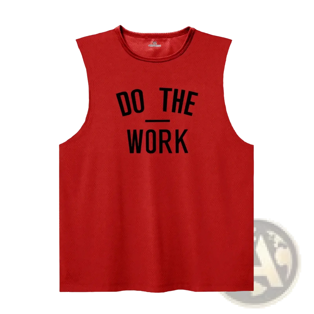 Men’s red sleeveless gym tank top with black do the work text quick dry fitness vest for workouts and training