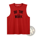 Men’s red sleeveless gym tank top with black do the work text quick dry fitness vest for workouts and training