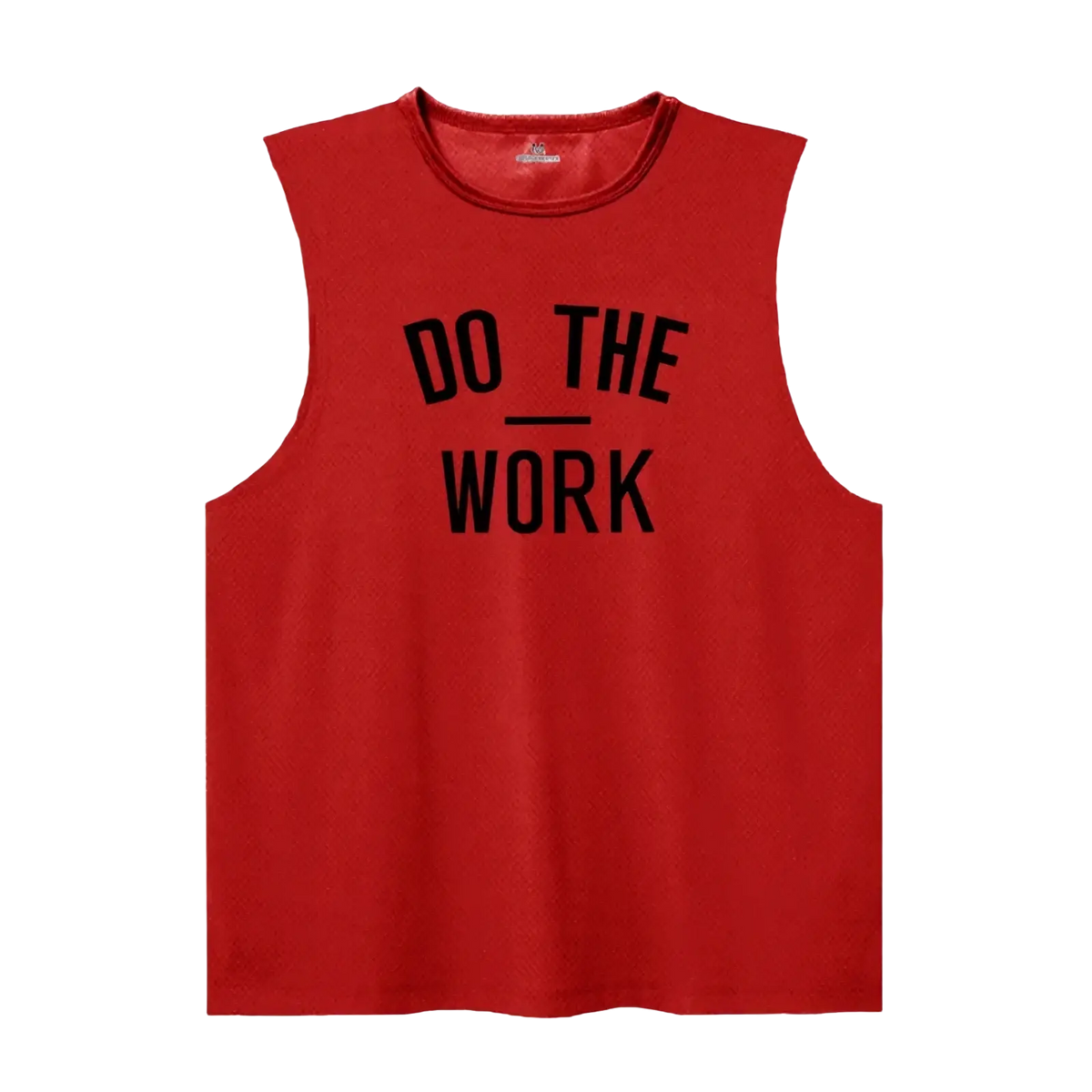 Men’s red sleeveless gym tank top with black do the work text quick dry fitness vest for workouts and training
