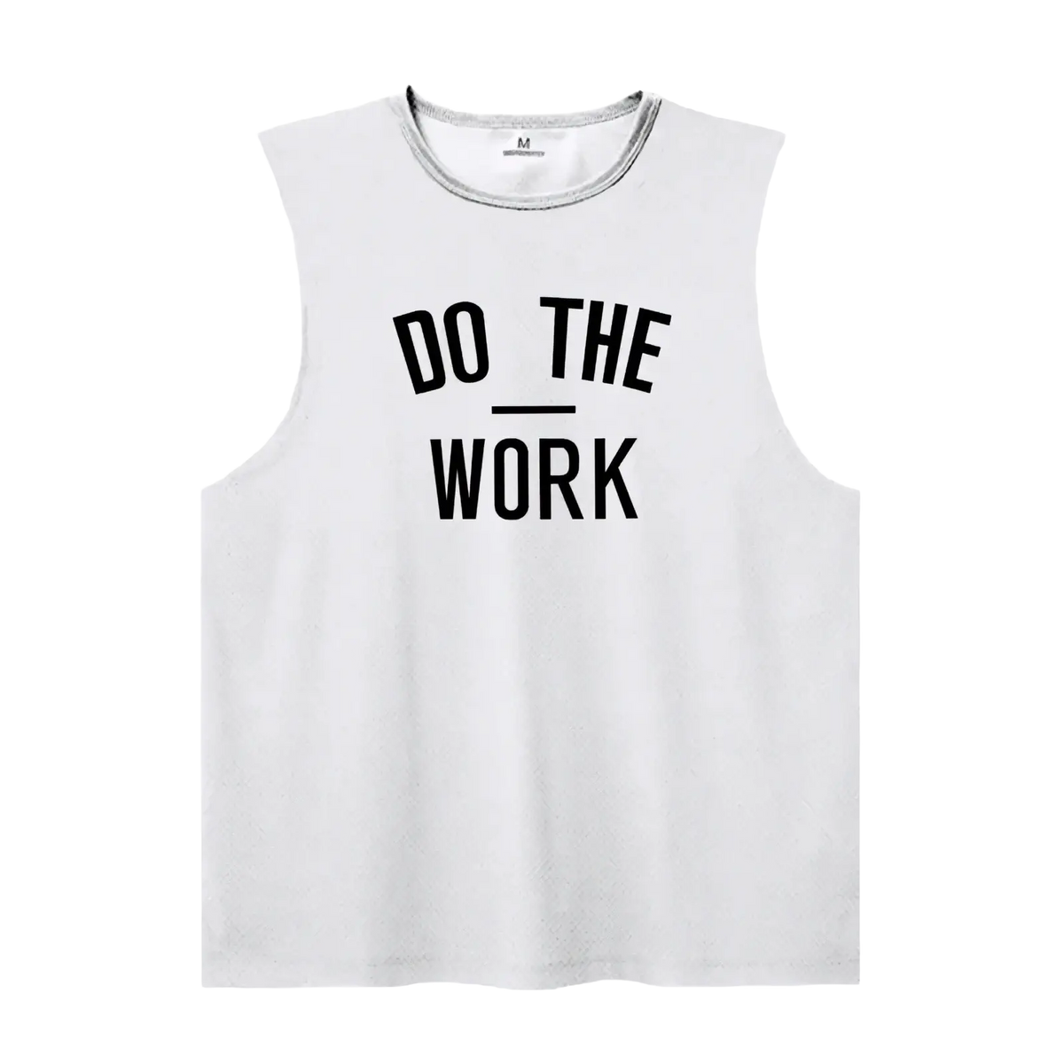 Men’s white sleeveless gym tank top with black do the work text made from quick dry fabric for fitness use