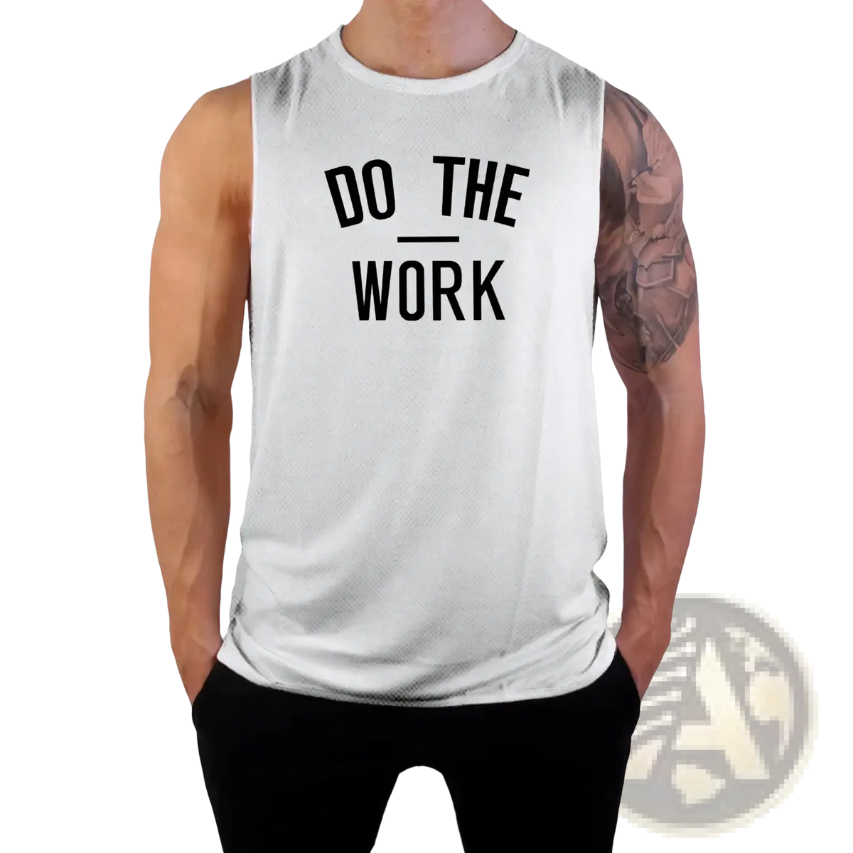 Men’s white sleeveless quick dry gym tank top with black do the work text for fitness and workout use